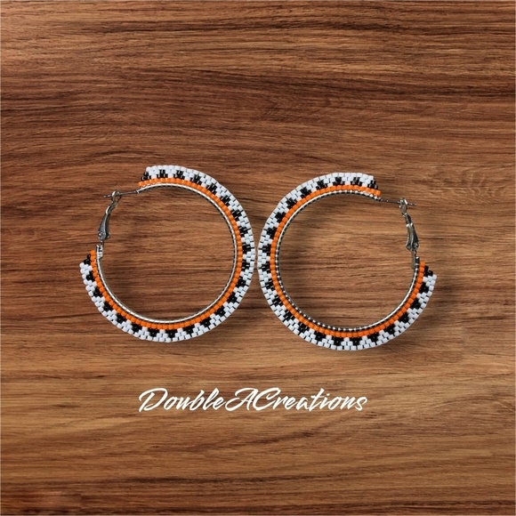 Orange Navajo Basket Style 1 3/4” Beaded Hoops, New, Handmade by Me - Picture 5 of 7